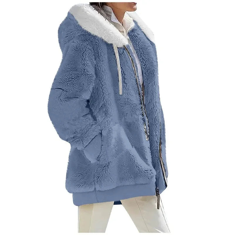 Herbst-Winter-Mode Damenmantel Neu Lässig Kapuzenreißverschluss Damenbekleidung Kaschmir Damen-Fleecejacke Einfarbige Damenmäntel