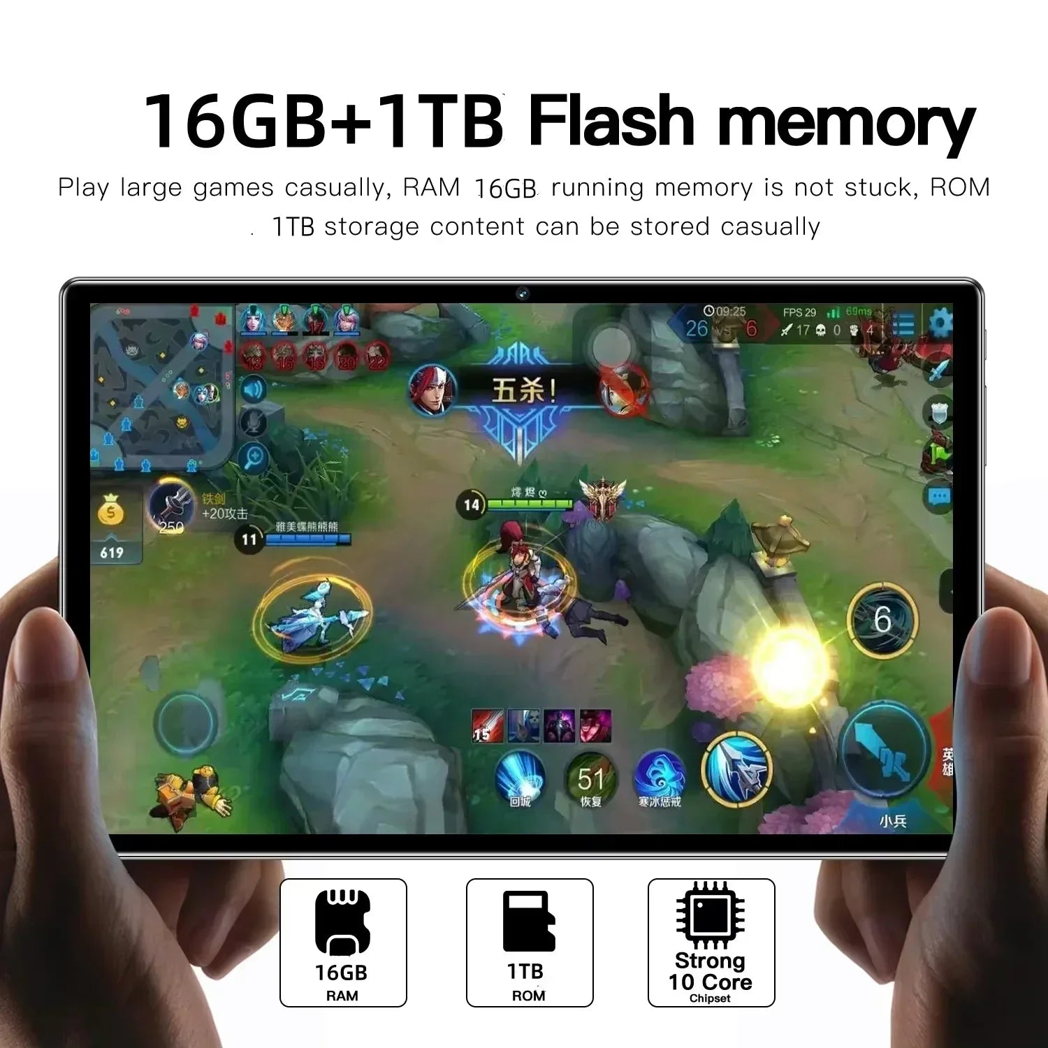 Person holding a tablet displaying a game with 16GB RAM and 1TB storage text overlay.