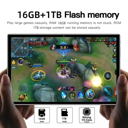 Person holding a tablet displaying a game with 16GB RAM and 1TB storage text overlay.