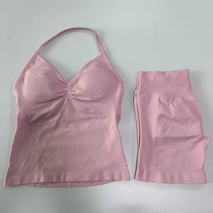 2Pcs Impacts Gym Set Tank Tops High Waist Scrunch Seamless Shorts Gym Suit Fitness Clothes Activewear Workout
