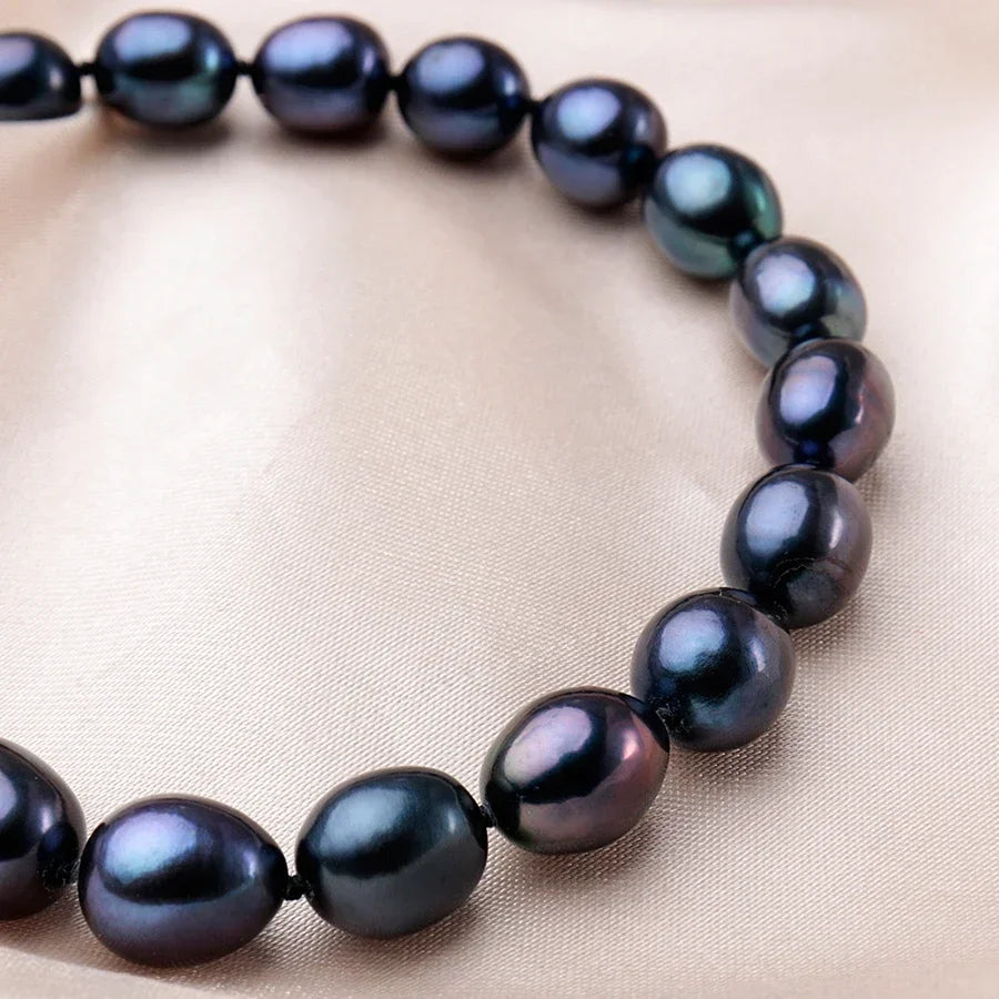 YWYC 8-9mm 11-12mm Black Rice Shape Natural Freshwater Pearl Necklaces for Women 925 Sterling Silver Flower Buckle Jewelry Gift