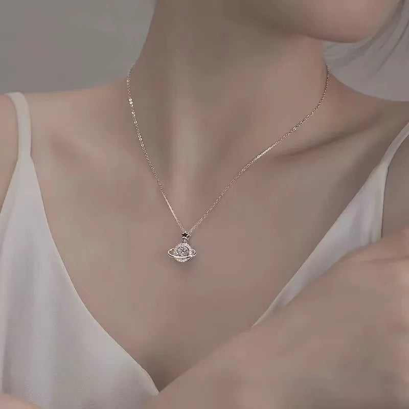 New 925 Sterling Silver Planet Necklace Personality Charming Woman Pendant Choker Birthday Gift for Friends Exquisite Jewelry