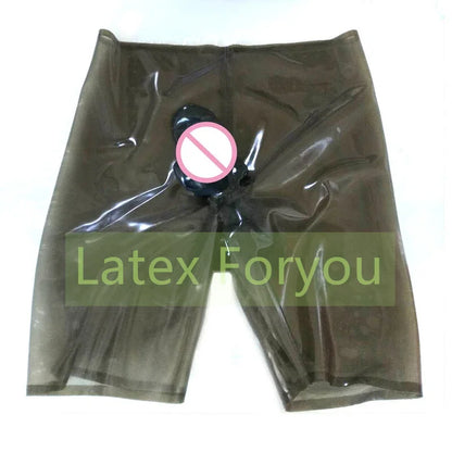 Brown latex shorts with a 'no' symbol on a white background, branded 'Latex Foryou'.