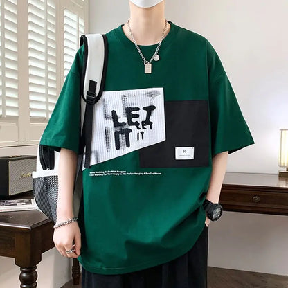 Men's Retro Patchwork T-Shirt  Neck Loose Tshirt