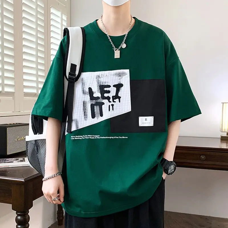 Men's Retro Patchwork T-Shirt  Neck Loose Tshirt