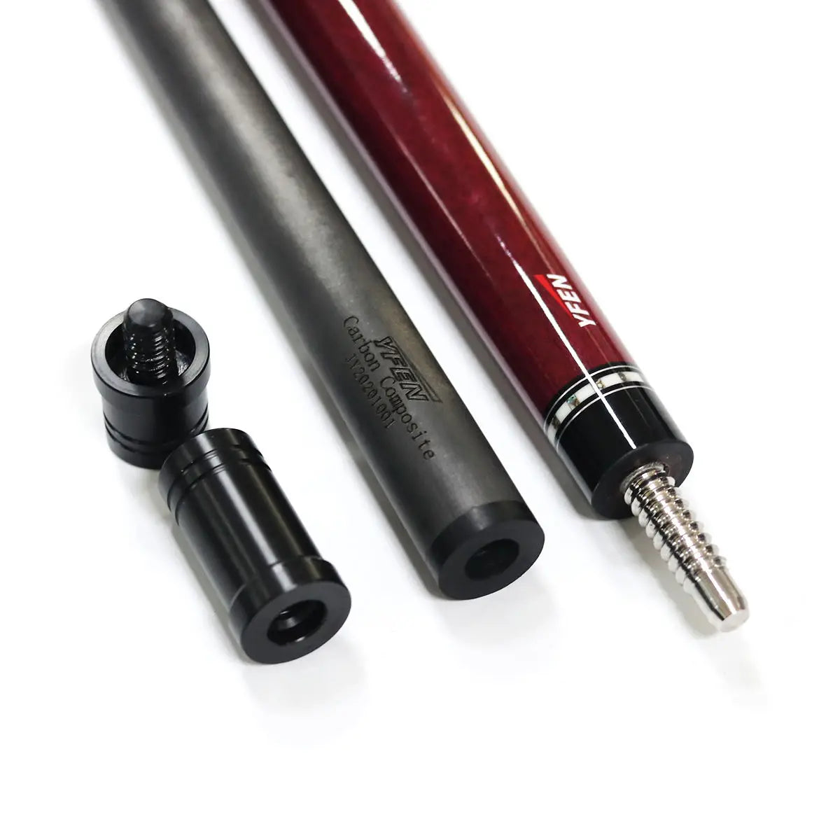 Close-up of a red and black Yfen product on a white background