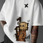 Herren T-Shirt aus 100% Baumwolle, modisch, leger, sportlich, locker, mit trendigem Puppen-Graffiti-Print und Rundhalsausschnitt, Kurzarm