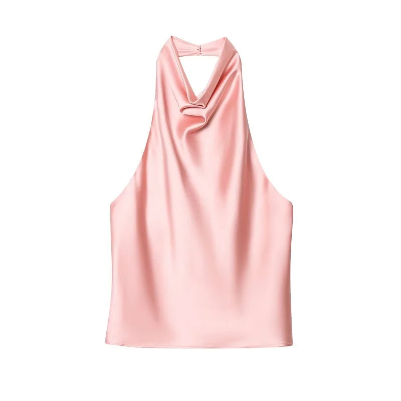 DAMEN 2025 Neckholder-Tops für Frauen Schwarzes Satin-Rückenfreies Top Damen Rosa Sommer Strandtop Damen schulterfreies Camisole-Top Frauen