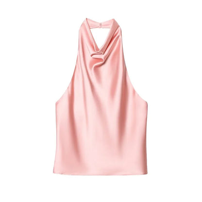 DAMEN 2025 Neckholder-Tops für Frauen Schwarzes Satin-Rückenfreies Top Damen Rosa Sommer Strandtop Damen schulterfreies Camisole-Top Frauen