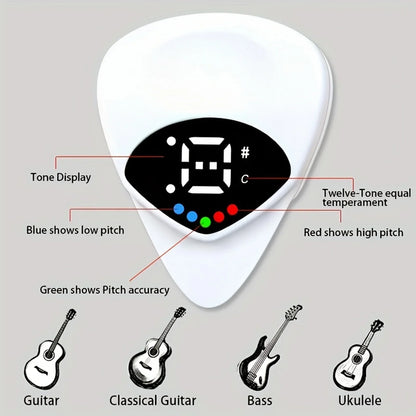 Guitar pick with digital display and labeled functions on a gray background