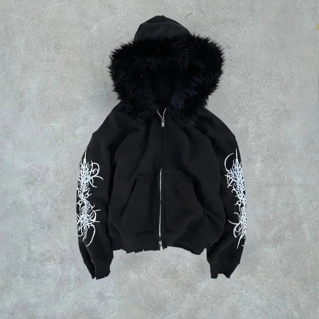 Trendy Street Style Hooded Open Cardigan Sweatshirt 2025 Zipper Fur Collar Spicy Girl Outerwear New Loose Fit Fleece Long Sle...