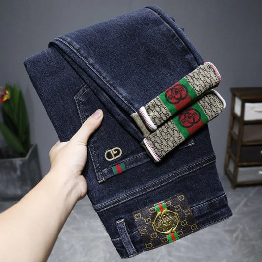 Men's Embroidered Slim Fit Jeans Charcoal Grey Trousers