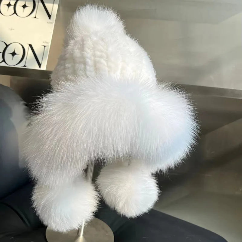 Real Mink Fur Hatfor Women Woven Fur Fisherman Hat With Fox Fur Ball  Thickened Warm Ear Protection Hat Hand Beanies Bonnets Cap