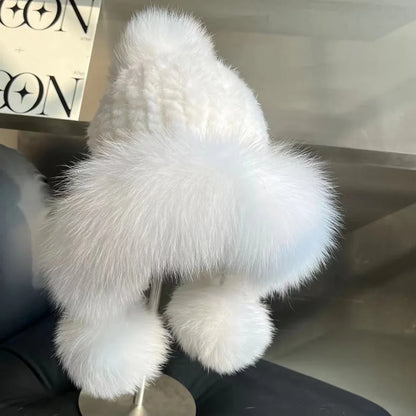 Real Mink Fur Hatfor Women Woven Fur Fisherman Hat With Fox Fur Ball  Thickened Warm Ear Protection Hat Hand Beanies Bonnets Cap