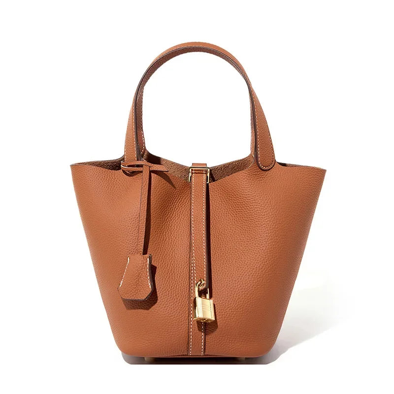 Genuine Leather Shoulder Bucket Bag Women Litchi Pattern Mini Basket Tote Soft Handbag Mommy Bride Wedding Bags with Lock