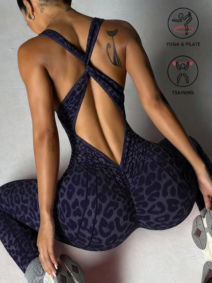 Sexy Leopard Print Sports Jumpsuits for Women V-neck Backless Yoga Bodysuit Female Sleeveless Tight Gym Running Fitness Overalls
