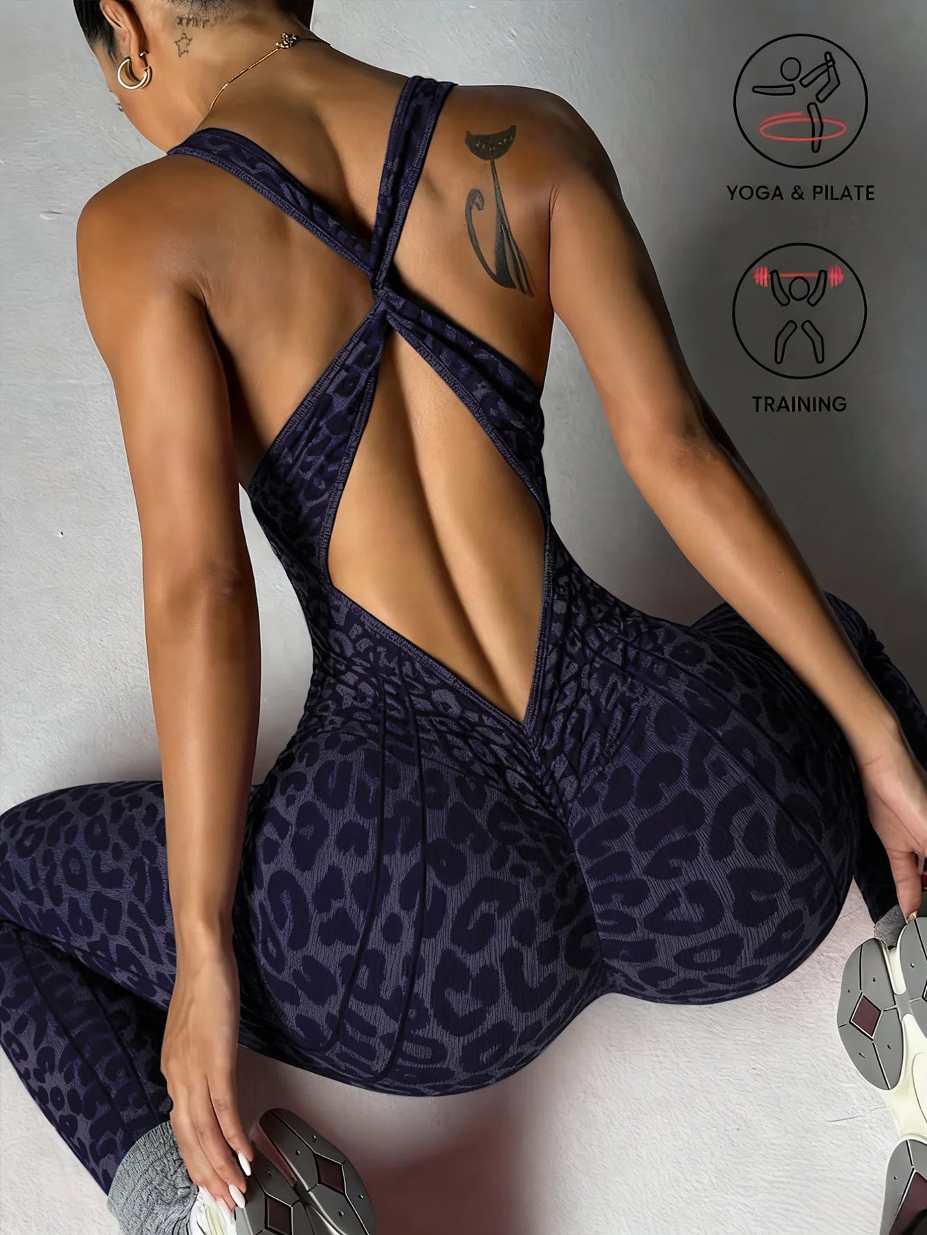 Sexy Leopard Print Sports Jumpsuits for Women V-neck Backless Yoga Bodysuit Female Sleeveless Tight Gym Running Fitness Overalls