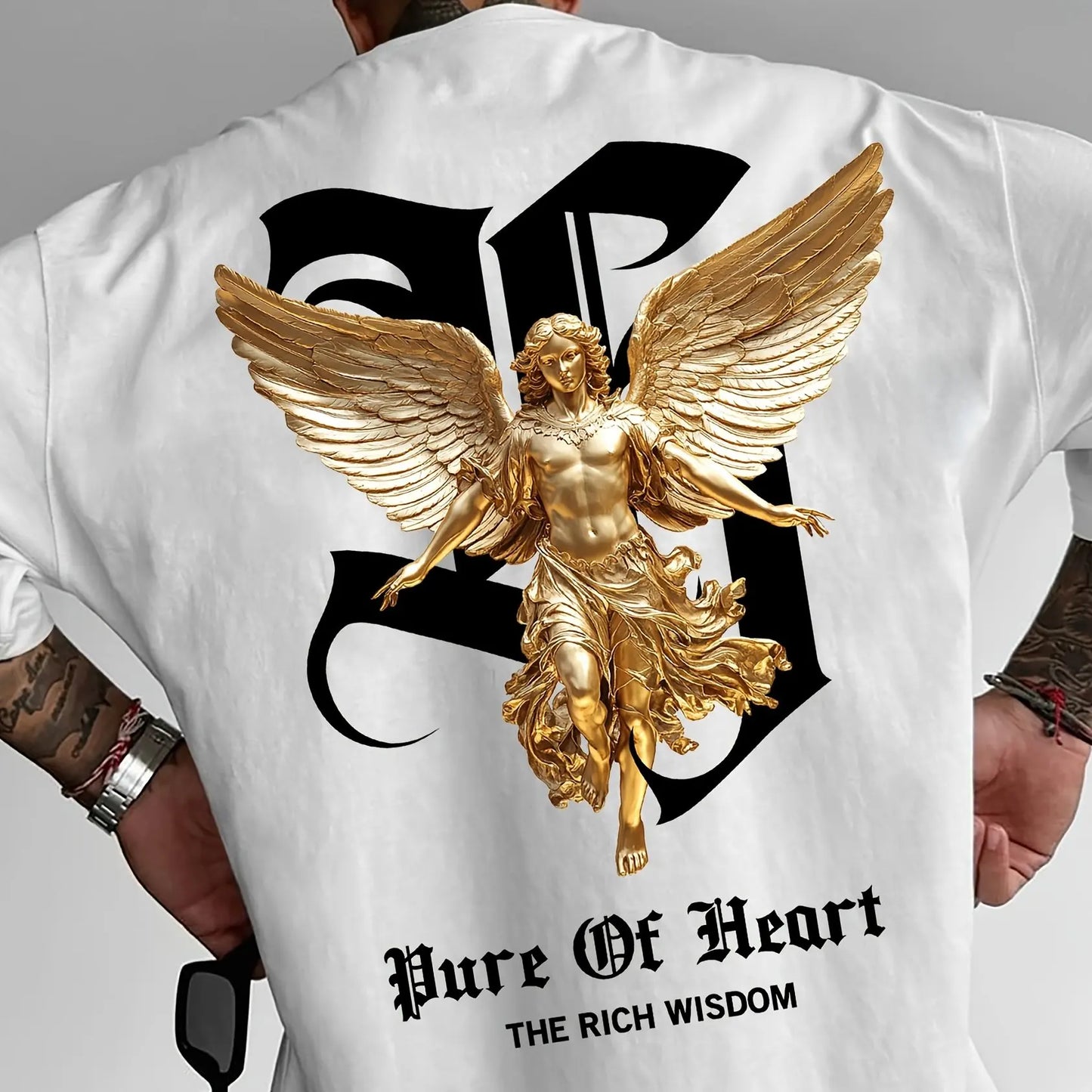 Men's summer 100% pure cotton fashionable casual sports loose angel pattern letter print round neck short sleeved T-shirt top