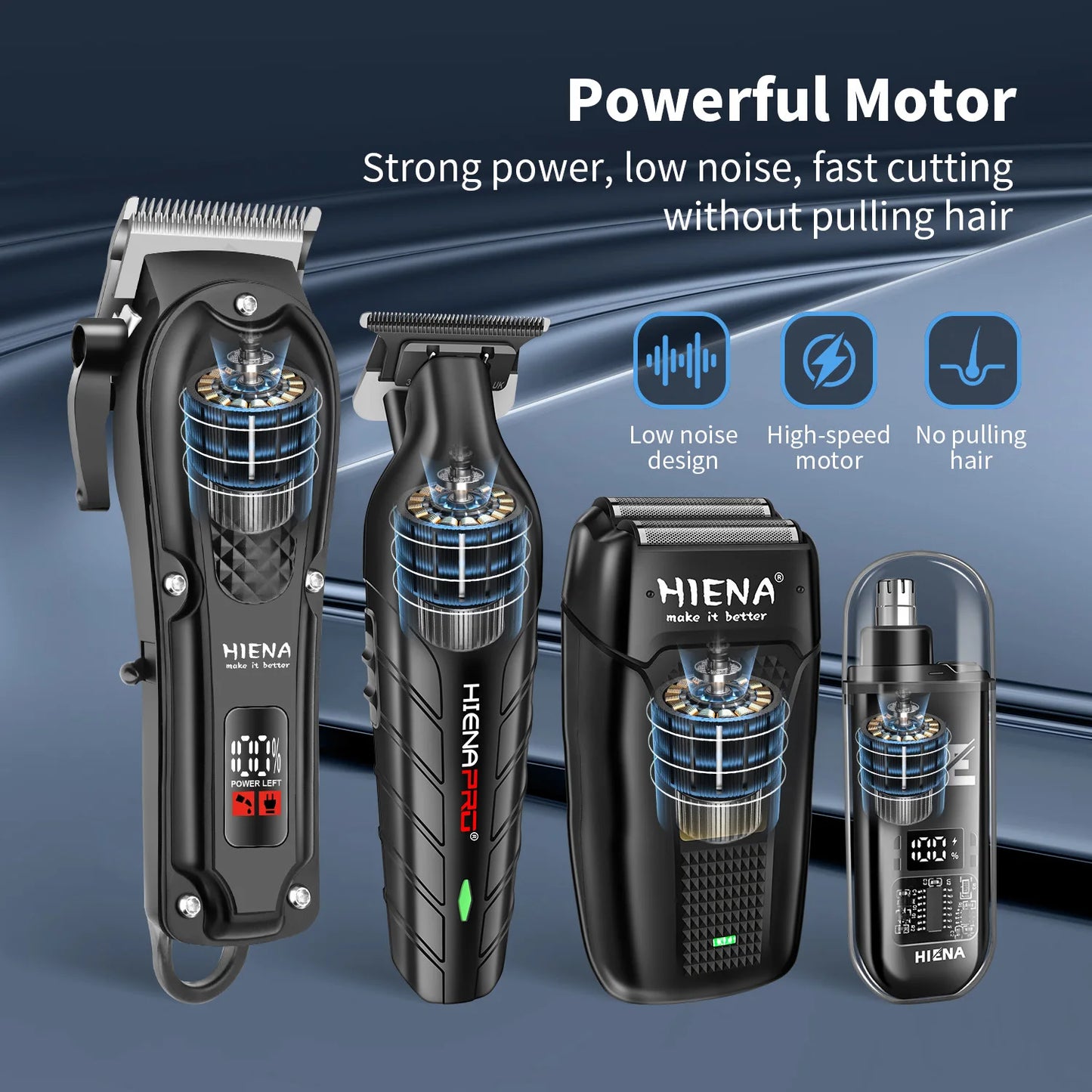 HIENA hair trimmer set with features highlighted on a blue background