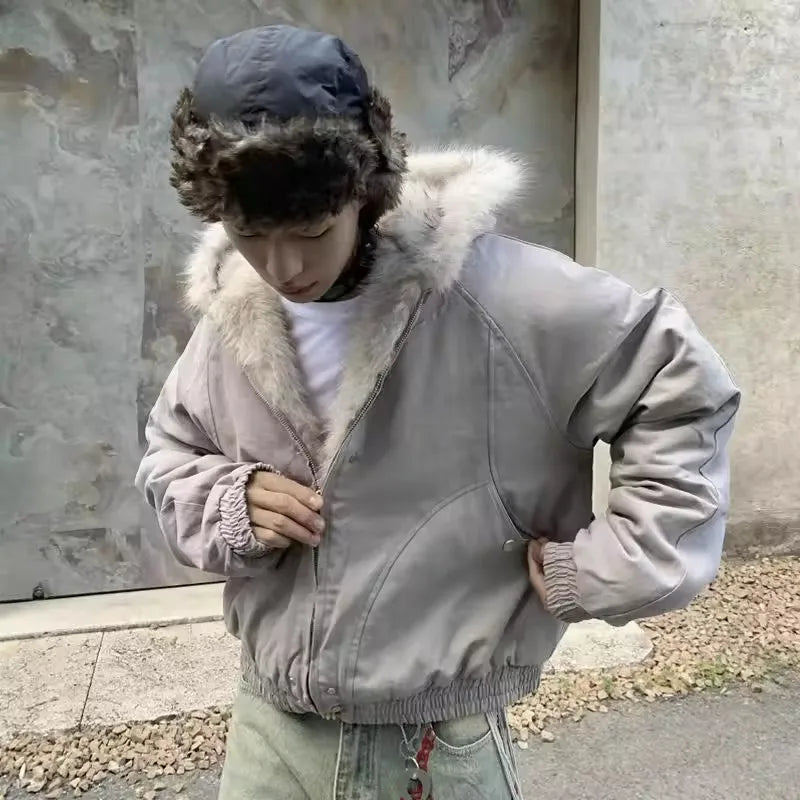 Winter Warm Clothing Men Women Retro Simple Plush Coat Sportswear New Loose Hooded Cotton Jacket Punk Fur Collar Jacket Couple
