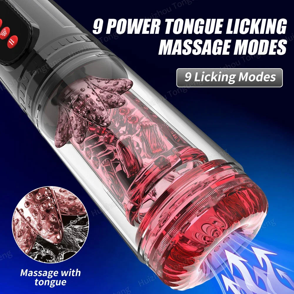 Sexual product with red interior and power display on a blue background, featuring text about massage modes.