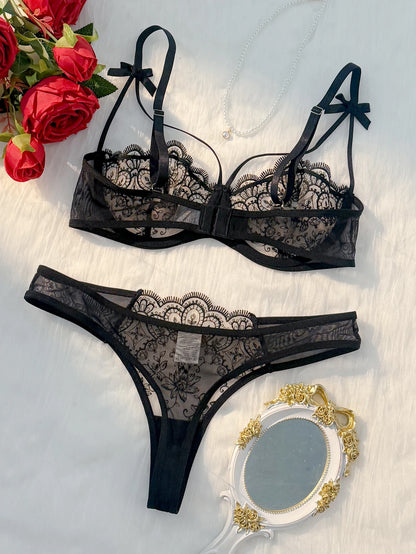 2-piece women's black comfortable lightweight bow semi transparent lingerie set ZA824057