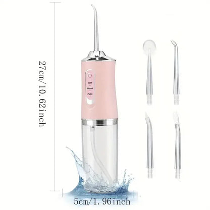 Pink dental water flosser with measurement details on a white background