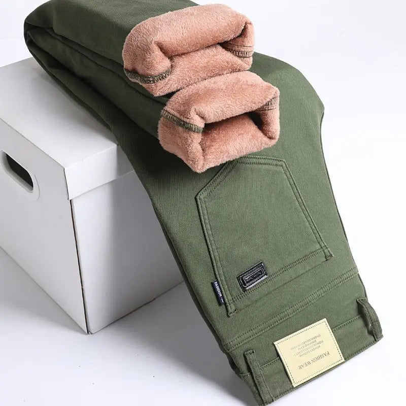 Autumn Winter Warm Men's Fleece Thickened Elastic Pants Business Straight Casual Cotton Pants High End Brand Man Plush Trousers