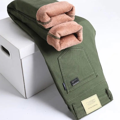 Autumn Winter Warm Men's Fleece Thickened Elastic Pants Business Straight Casual Cotton Pants High End Brand Man Plush Trousers