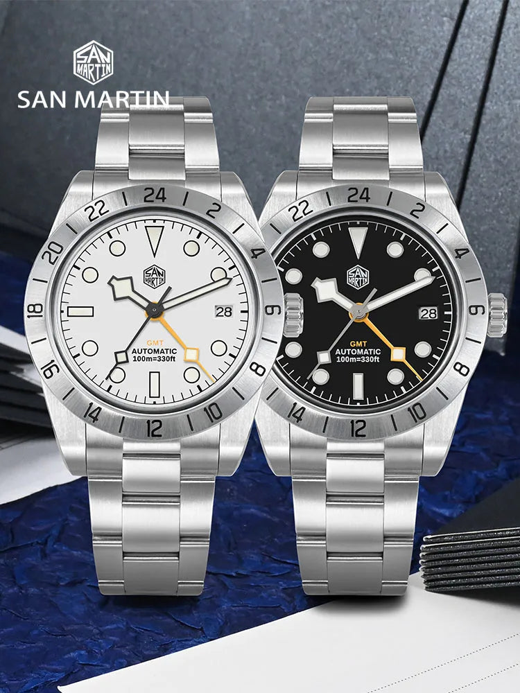 Two silver watches with different face designs on a textured surface, featuring the San Martin brand.