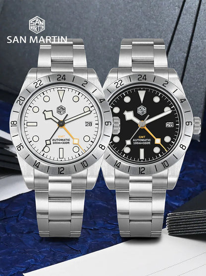 Two silver watches with different face designs on a textured surface, featuring the San Martin brand.