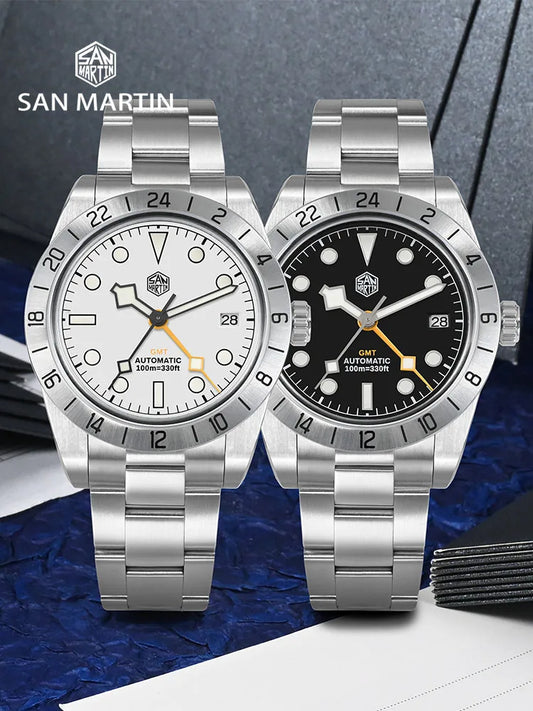 Two silver watches with different face designs on a textured surface, featuring the San Martin brand.