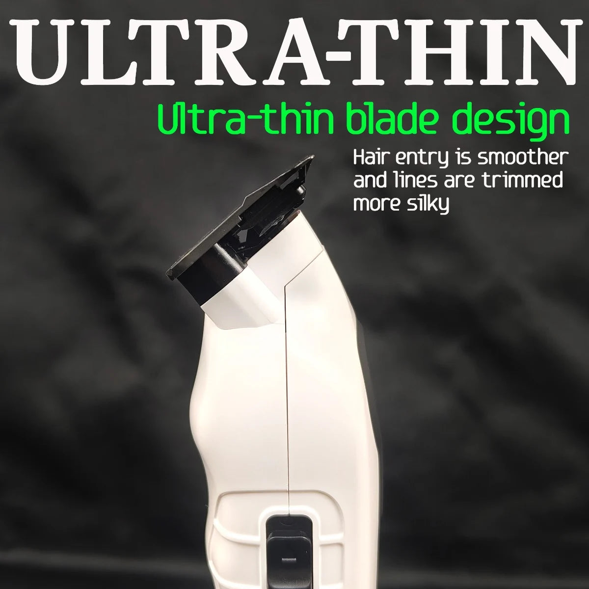 Hair trimmer with text highlighting ultra-thin blade design on a black background