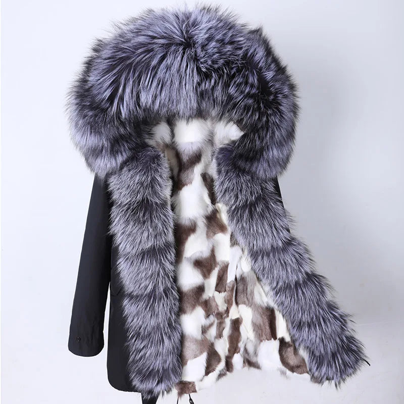 Maomaokong 2022 Winter Long Jacket Real Fur Coat Women Clothes Large Fur Collar Detachable Natural Fox Lining Parkas Leather Fur