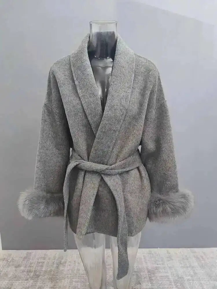 UCXQ Eleganter OL Business-Mantel Pelz-Patchwork Langarm Wollmantel Schöne Damenbekleidung Jacke Herbst 2025 Winter