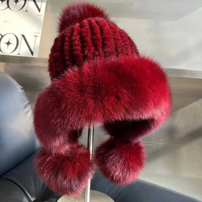 Real Mink Fur Hatfor Women Woven Fur Fisherman Hat With Fox Fur Ball  Thickened Warm Ear Protection Hat Hand Beanies Bonnets Cap
