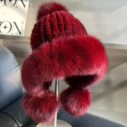 Real Mink Fur Hatfor Women Woven Fur Fisherman Hat With Fox Fur Ball  Thickened Warm Ear Protection Hat Hand Beanies Bonnets Cap