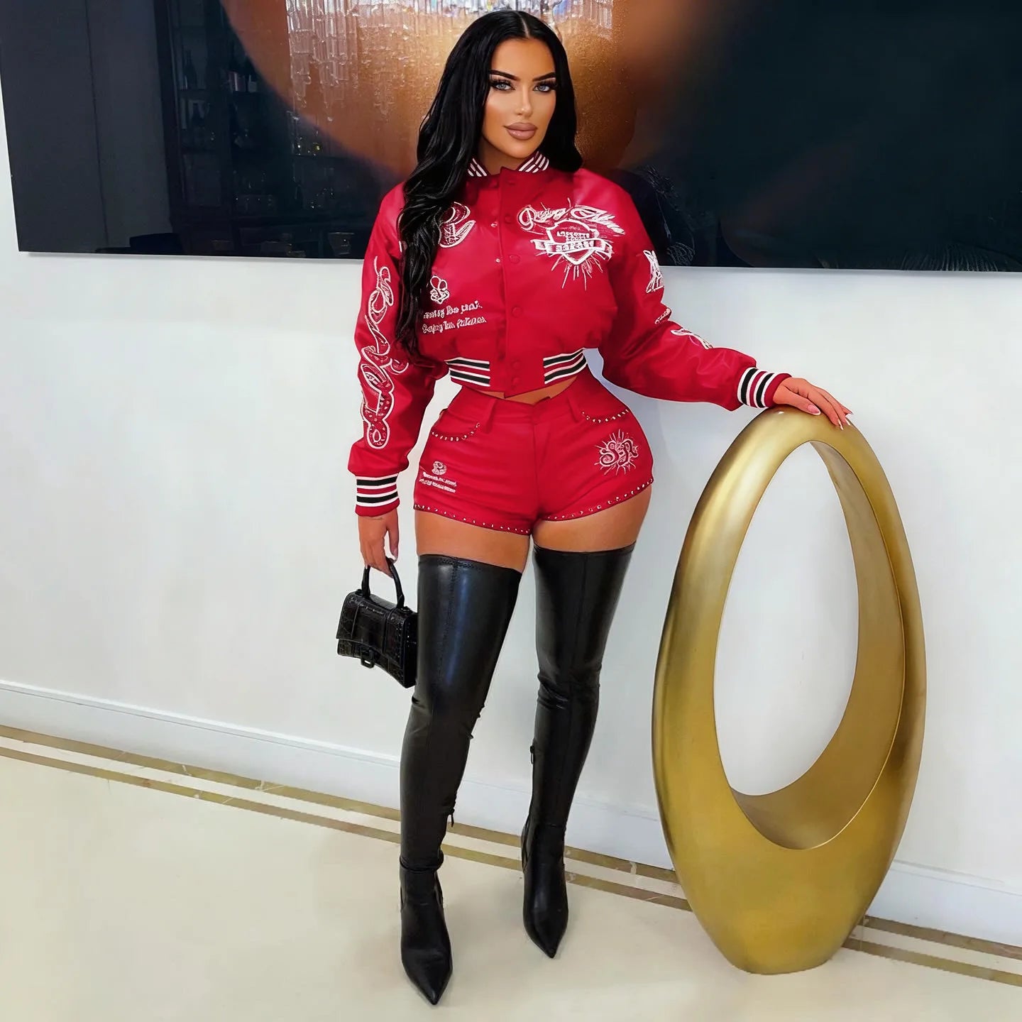 FAGADOER Fashion Letter Embroidery Two Piece Outfits Woman Long Sleeves Leather Patchwork Crop Top and Shorts Female Streetwear