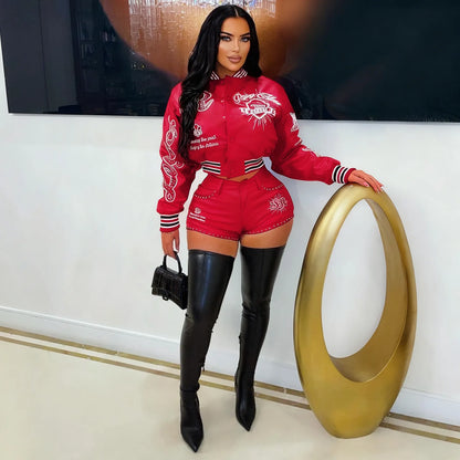 FAGADOER Fashion Letter Embroidery Two Piece Outfits Woman Long Sleeves Leather Patchwork Crop Top and Shorts Female Streetwear