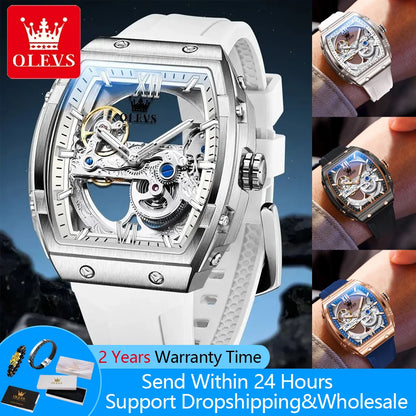 Silver watch with detailed mechanism, OLEVS branding, and promotional text on a blue gradient background.
