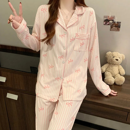 Pink Bow Dtie Design Pajamas for Women Long Sleeve Top & Elastic Waist Pants Pajamas Set Style Casual New Home Wear