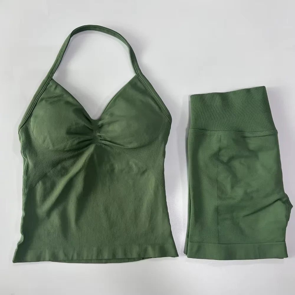 2Pcs Impacts Gym Set Tank Tops High Waist Scrunch Seamless Shorts Gym Suit Fitness Clothes Activewear Workout