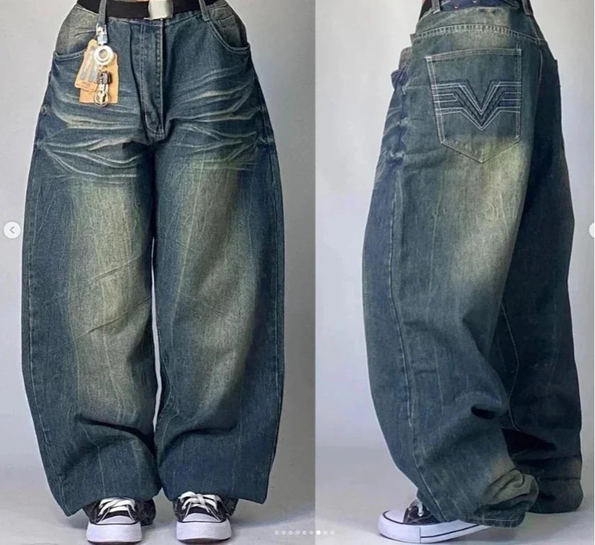 Street Fashion Trend Totenkopf bestickte Jeans Damen Harajuku Y2K Neue Hip Hop Joker Straight Wide-Leg Hosen Paar Freizeitjeans