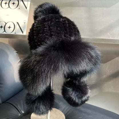 Real Mink Fur Hatfor Women Woven Fur Fisherman Hat With Fox Fur Ball  Thickened Warm Ear Protection Hat Hand Beanies Bonnets Cap