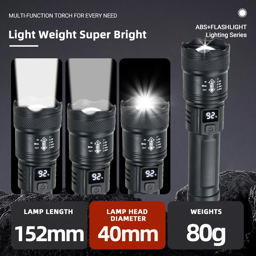 2000LM LED Tactical Flashlight | USB Rechargeable Zoom Torch | Camping & Emergency