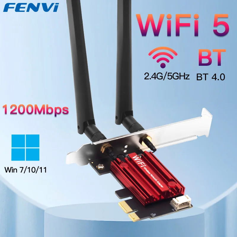 WiFi 5 adapter with antennas on a light blue background, featuring Fenvi branding.