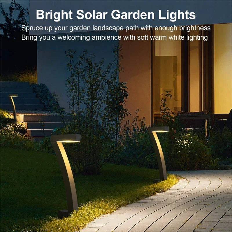 Solar garden lights illuminating a garden pathway with text describing their brightness and ambiance.