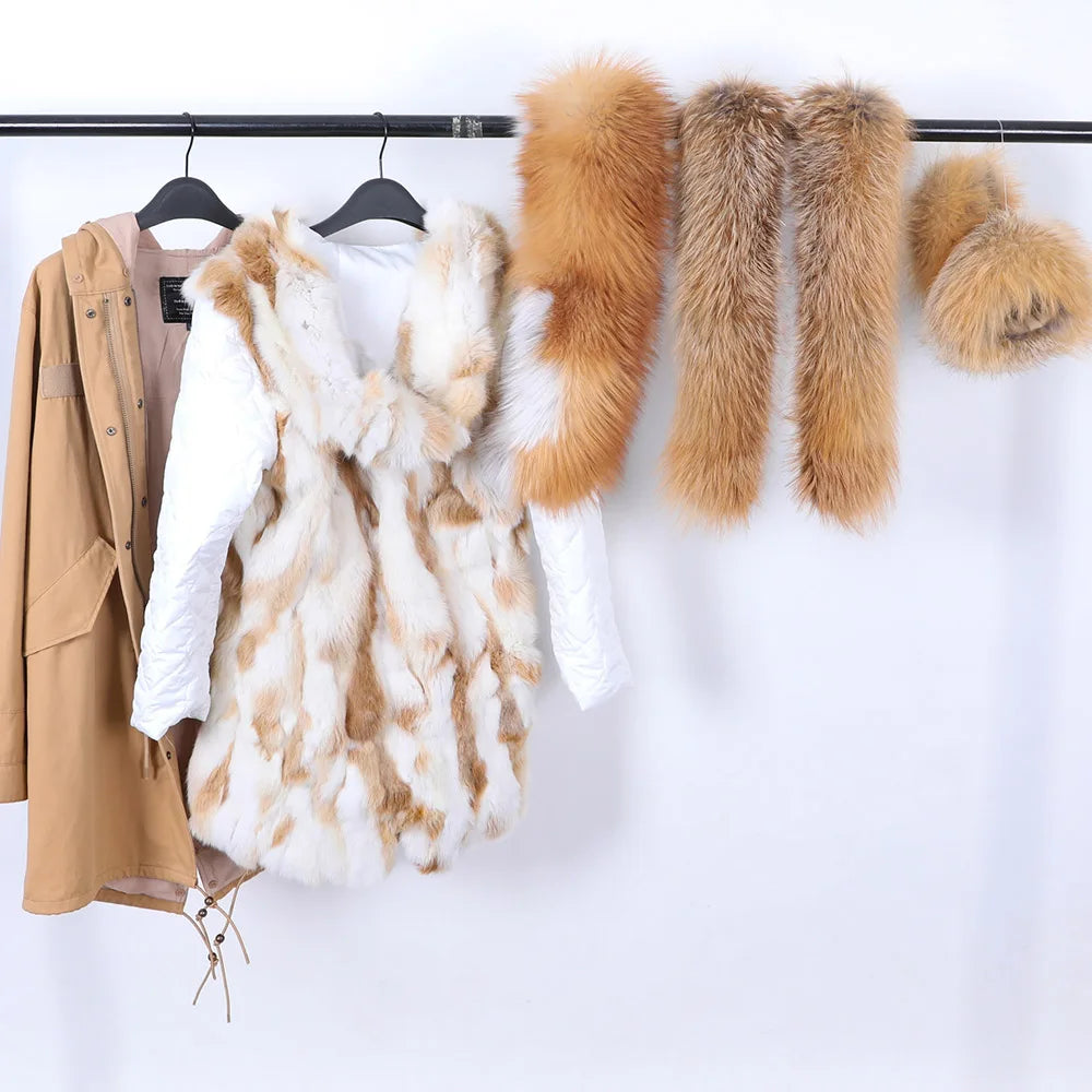 MAOMAOKONG 2023 Abnehmbarer Echtfuchs Pelzkragen Mäntel Damen Winterjacke Kapuze Kaninchenfellfutter Lange Parkas Damenbekleidung