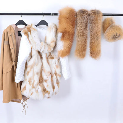 MAOMAOKONG 2023 Abnehmbarer Echtfuchs Pelzkragen Mäntel Damen Winterjacke Kapuze Kaninchenfellfutter Lange Parkas Damenbekleidung