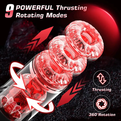 Red and black device with '9 Powerful Thrusting Rotating Modes' text on a dark background